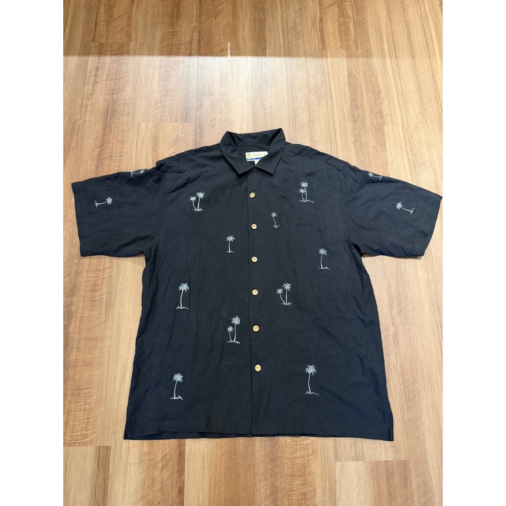 Kahala Button Down Shirt Mens XL Black Silk Palm Tree Aloha Short Sleeve